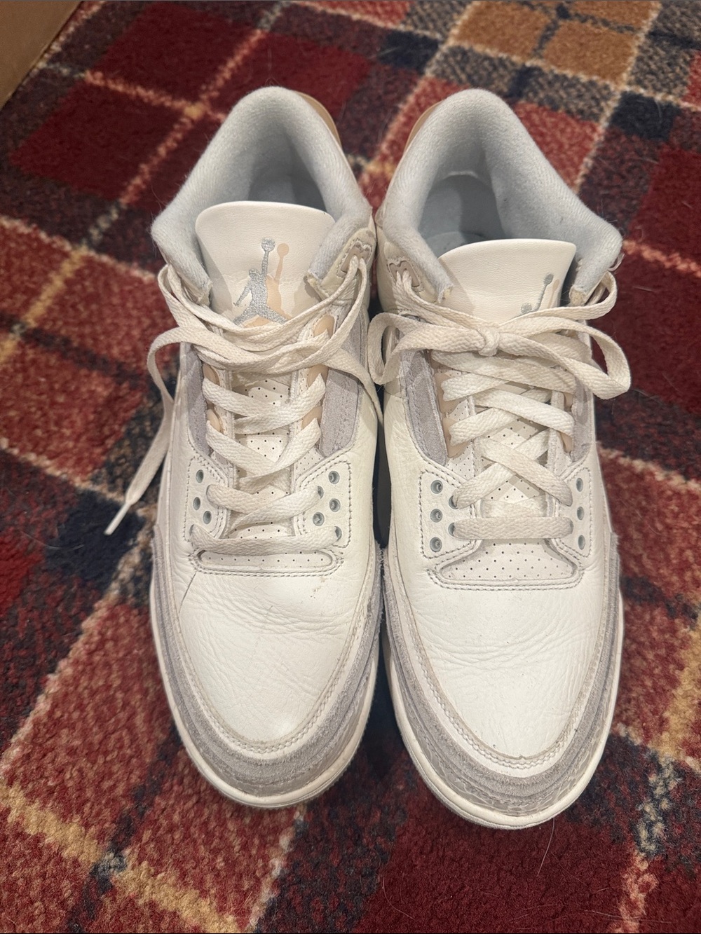 Men’s size 10.5 preworn Jordan White and Light Gray Leather Sneakers.